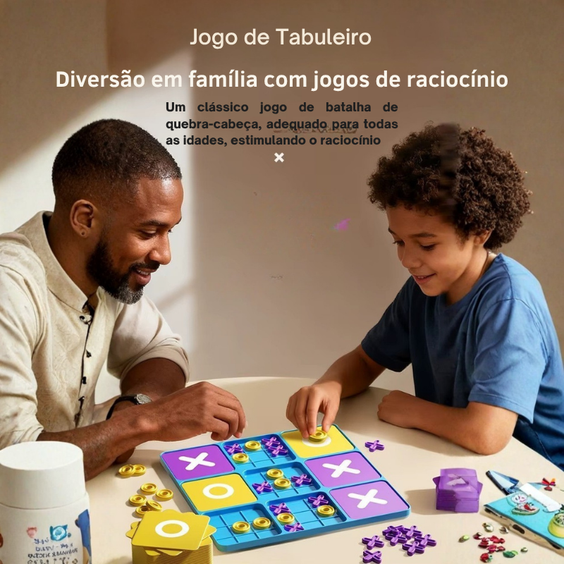 Jogo da velha interativo com tabuleiro azul e pe&ccedil;as coloridas em X e O, indicado para crian&ccedil;as e adultos